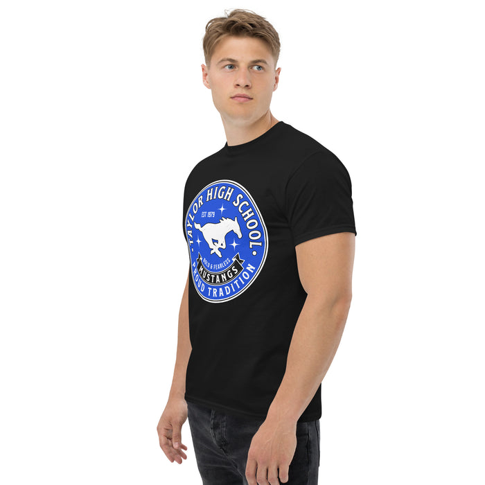 Man wearing Taylor High School Mustangs Black Classic Unisex T-shirt 215