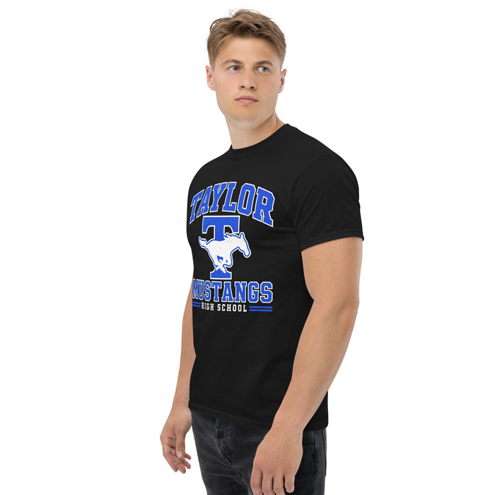 Man wearing Taylor High School Mustangs Black Classic Unisex T-shirt 060