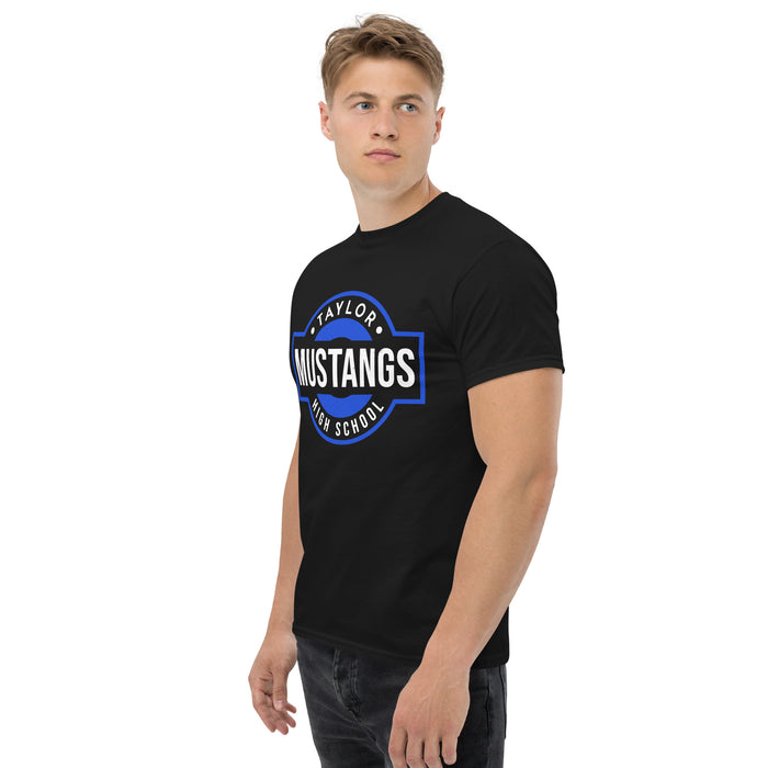 Man wearing Taylor High School Mustangs Black Classic Unisex T-shirt 011