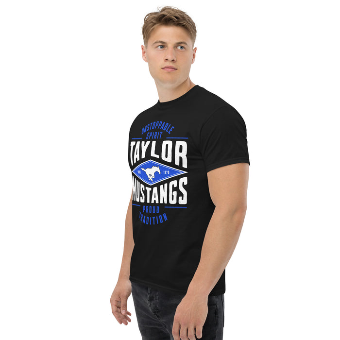 Man wearing Taylor High School Mustangs Black Classic Unisex T-shirt 210