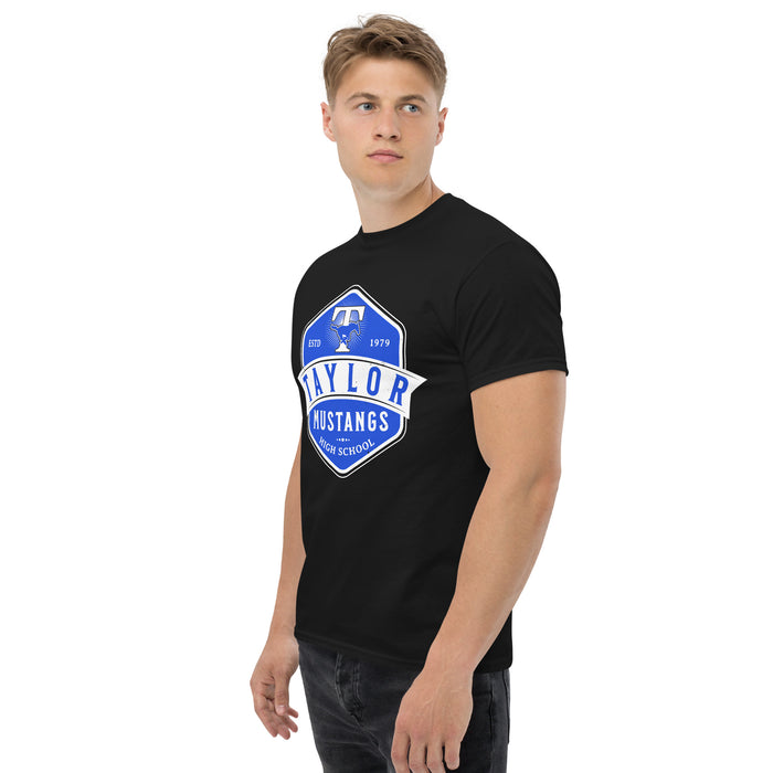 Man wearing Taylor High School Mustangs Black Classic Unisex T-shirt 209