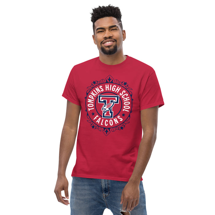 Man wearing Tompkins High School Falcons Red Classic Unisex T-shirt 227