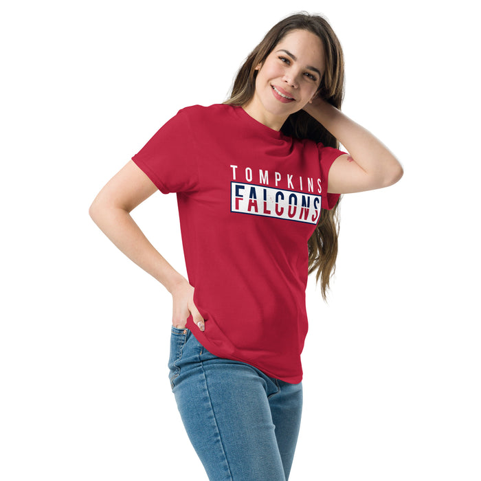 Woman wearing Tompkins High School Falcons Red Classic Unisex T-shirt 031