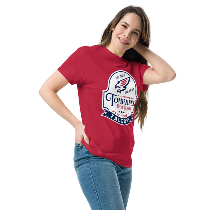 Woman wearing Tompkins High School Falcons Red Classic Unisex T-shirt 219