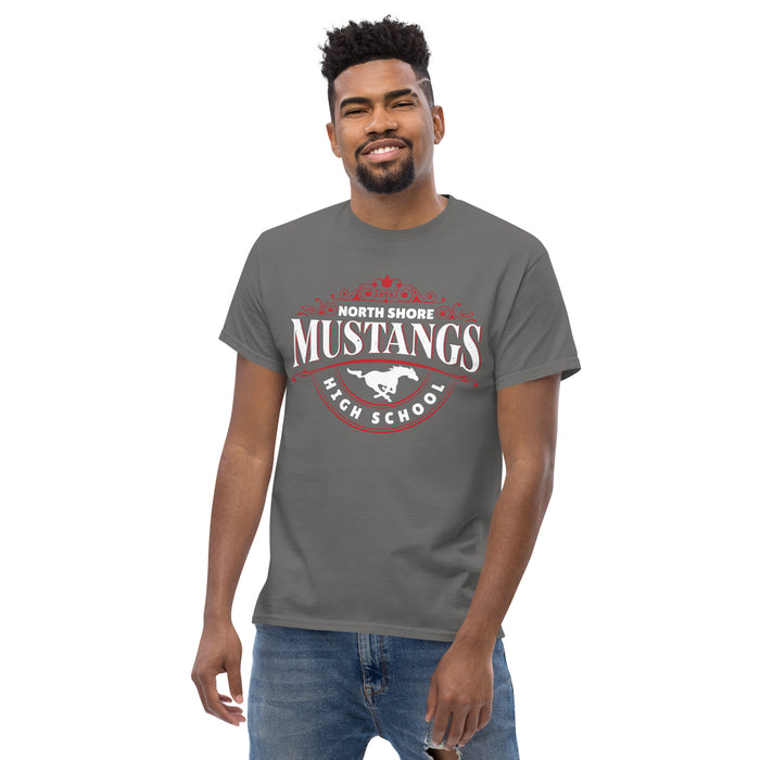 Man wearing North Shore High School Mustangs Dark Grey Classic Unisex T-shirt 211