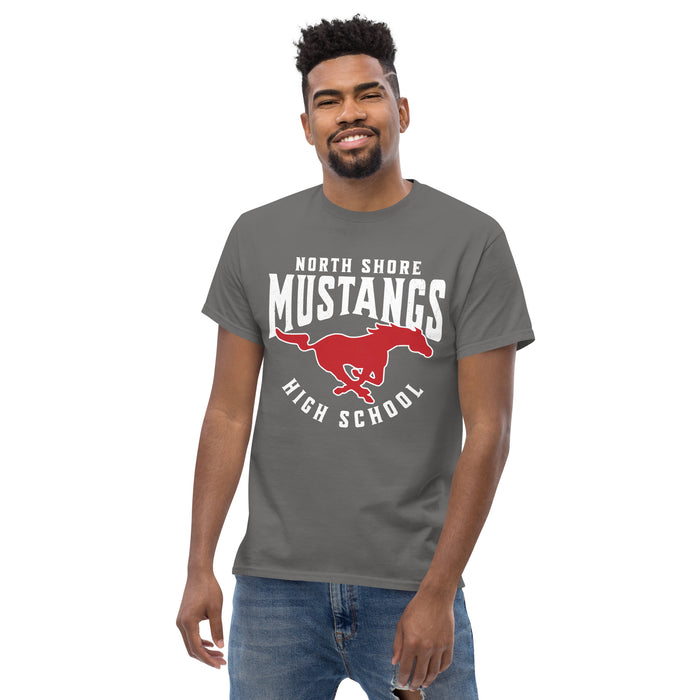 Man wearing North Shore High School Mustangs Dark Grey Classic Unisex T-shirt 213