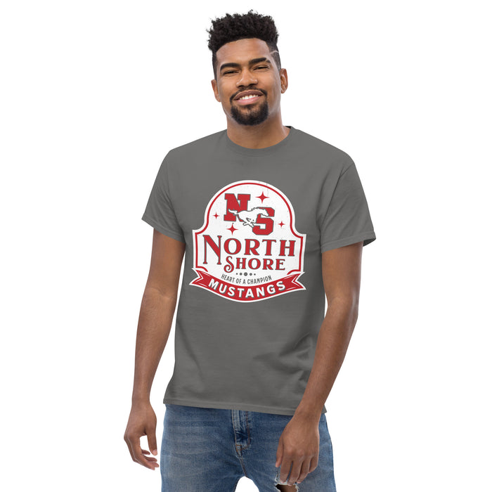 Man wearing North Shore High School Mustangs Dark Grey Classic Unisex T-shirt 219