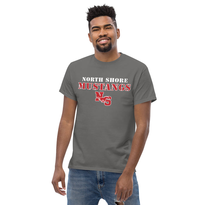 Man wearing North Shore High School Mustangs Dark Grey Classic Unisex T-shirt 222