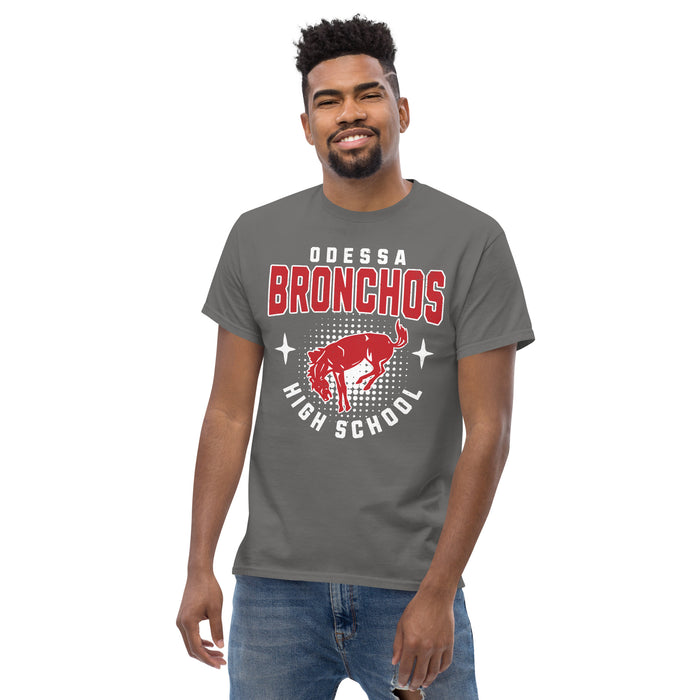 Man wearing Odessa High School Bronchos Dark Grey Classic Unisex T-shirt 204