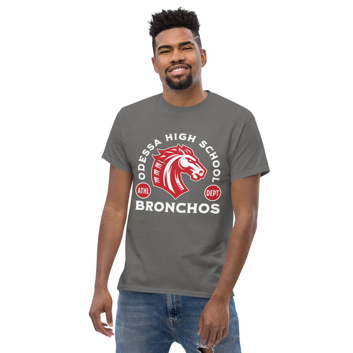 Man wearing Odessa High School Bronchos Dark Grey Classic Unisex T-shirt 208