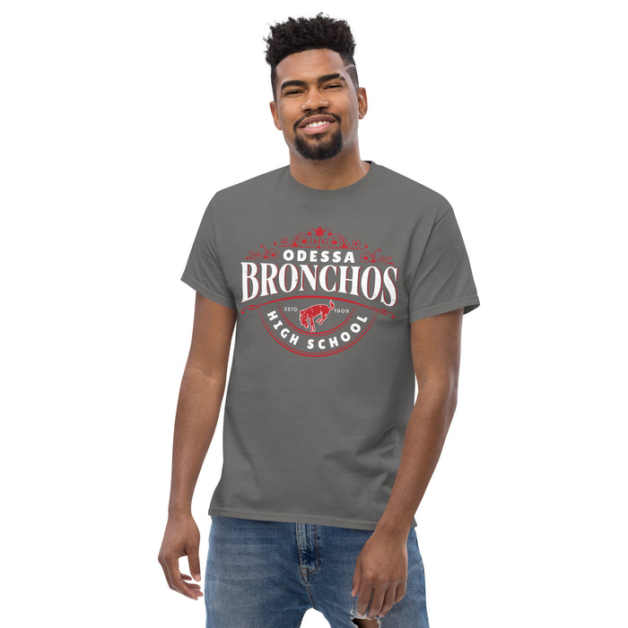 Man wearing Odessa High School Bronchos Dark Grey Classic Unisex T-shirt 211