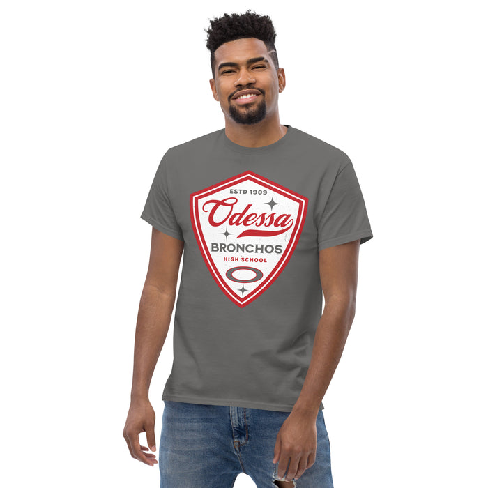 Man wearing Odessa High School Bronchos Dark Grey Classic Unisex T-shirt 225