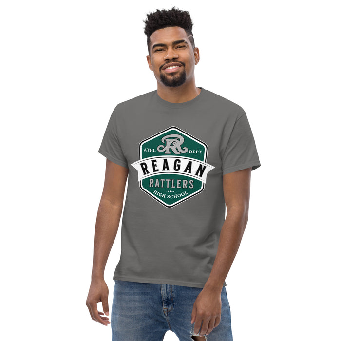 Man wearing Reagan High School Rattlers Dark Grey Classic Unisex T-shirt 209