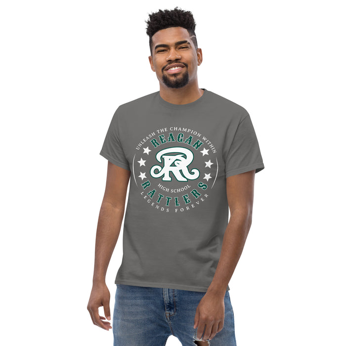 Man wearing Reagan High School Rattlers Dark Grey Classic Unisex T-shirt 214