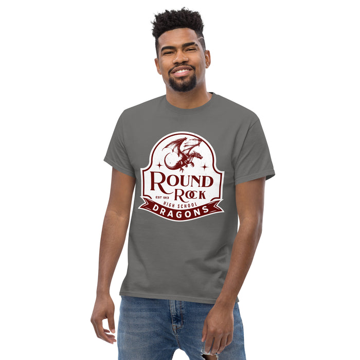 Man wearing Round Rock High School Dragons Dark Grey Classic Unisex T-shirt 219