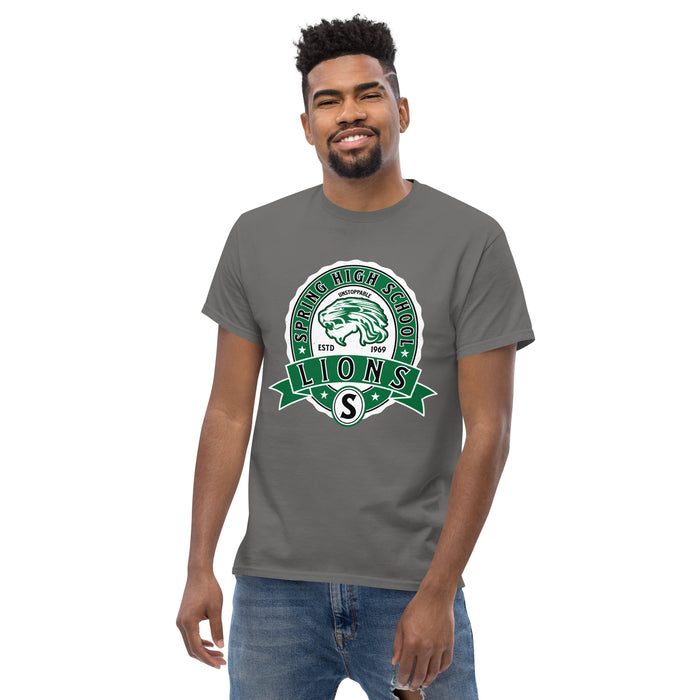 Man wearing Spring High School Lions Dark Grey Classic Unisex T-shirt 212