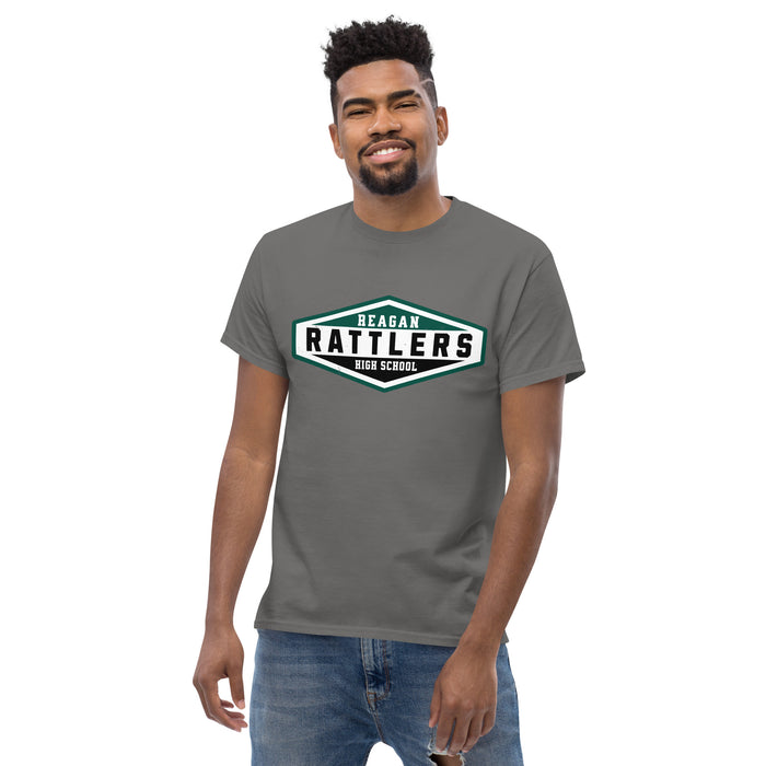 Front view of Reagan High School Rattlers Dark Grey Classic Unisex T-shirt 009