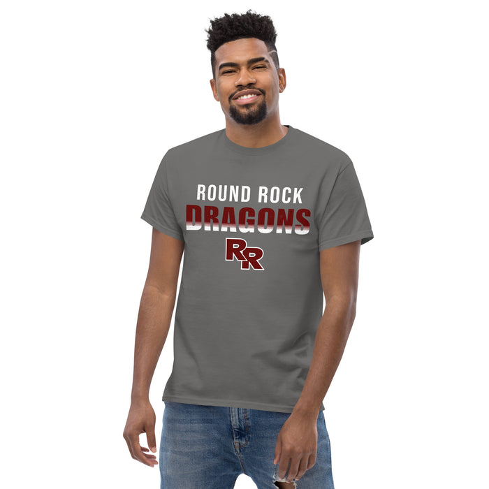 Front view of Round Rock High School Dragons Dark Grey Classic Unisex T-shirt 024