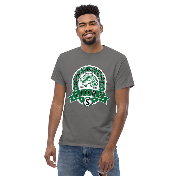 Man wearing Spring High School Lions Dark Grey Classic Unisex T-shirt 212