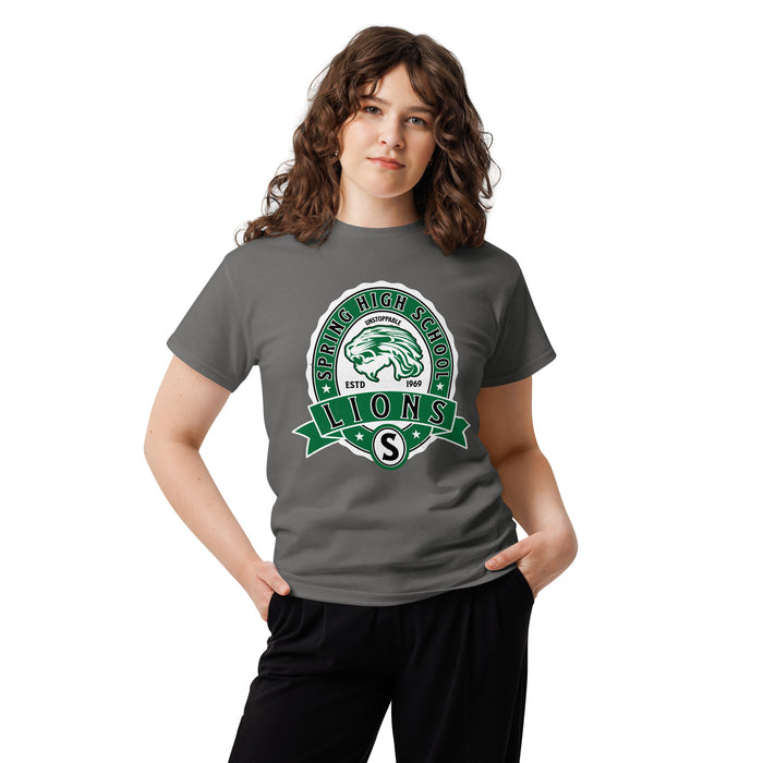 Teenage girl wearing Spring High School Lions Dark Grey Classic Unisex T-shirt 212