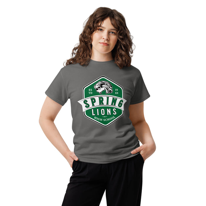 Girl wearing Spring High School Lions Dark Grey Classic Unisex T-shirt 209