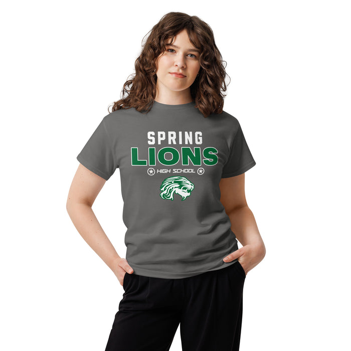 Woman wearing Spring High School Lions Dark Grey Classic Unisex T-shirt 003