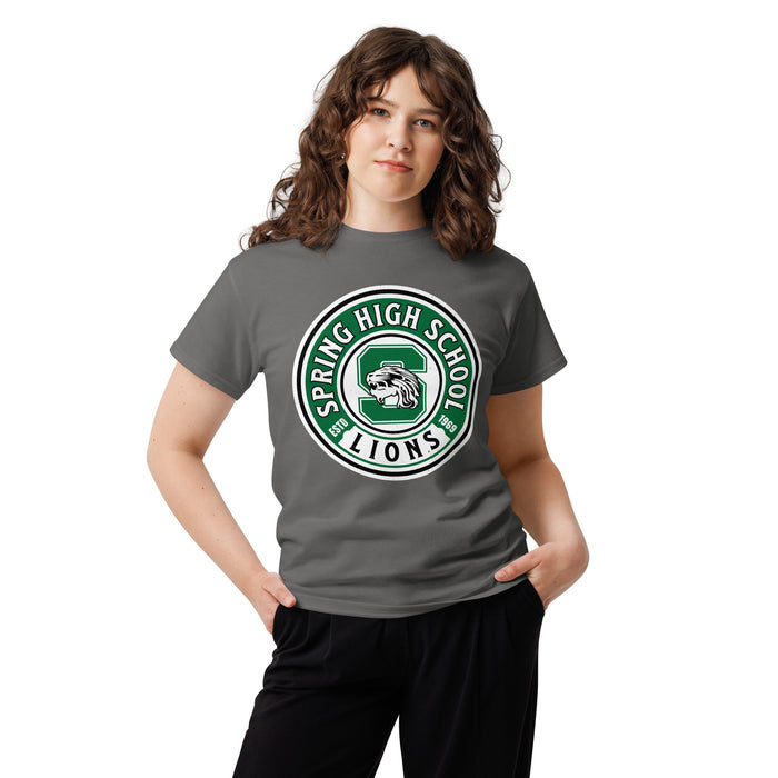 Girl wearing Spring High School Lions Dark Grey Classic Unisex T-shirt 220
