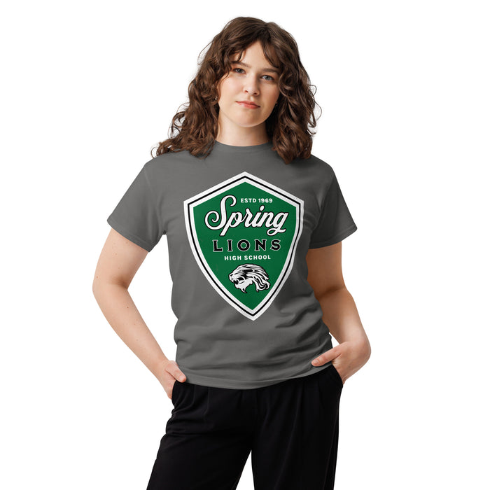 Woman wearing Spring High School Lions Dark Grey Classic Unisex T-shirt 225