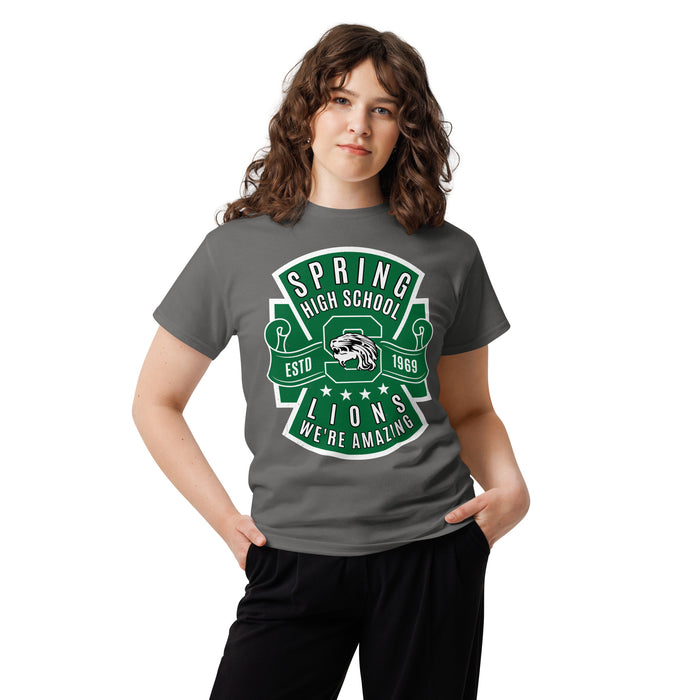 Woman wearing Spring High School Lions Dark Grey Classic Unisex T-shirt 207