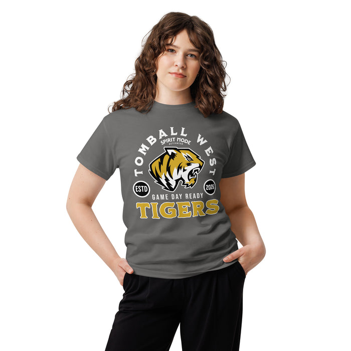 Woman wearing Tomball West High School Tigers Dark Grey Classic Unisex T-shirt 208