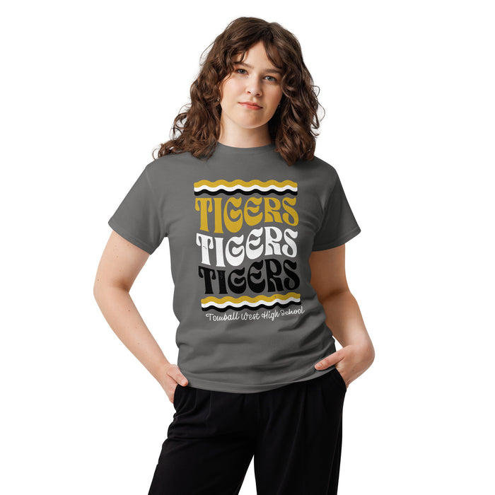 Woman wearing Tomball West High School Tigers Dark Grey Classic Unisex T-shirt 227