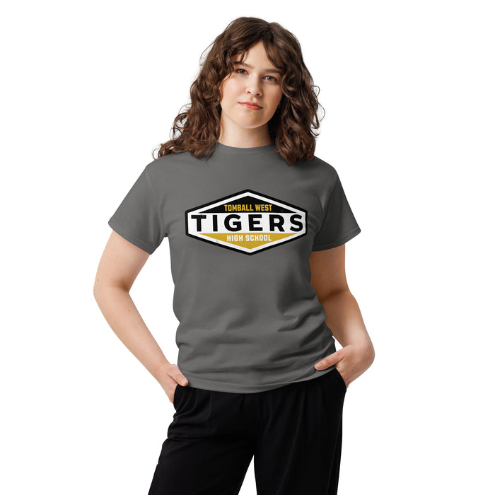 Woman wearing Tomball West High School Tigers Dark Grey Classic Unisex T-shirt 009