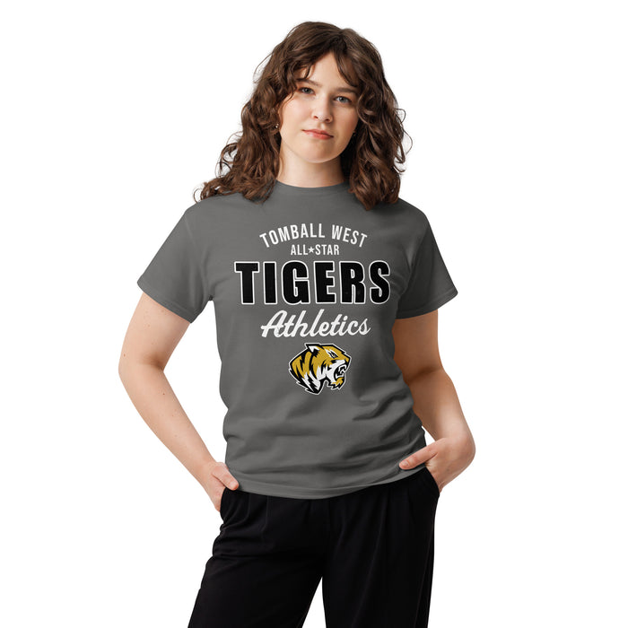 Woman wearing Tomball West High School Tigers Dark Grey Classic Unisex T-shirt 034