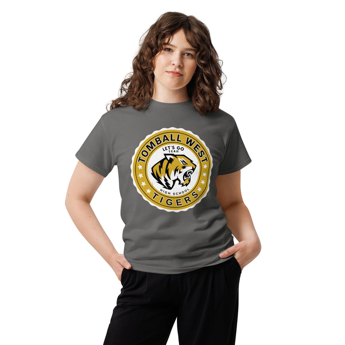 Woman wearing Tomball West High School Tigers Dark Grey Classic Unisex T-shirt 216