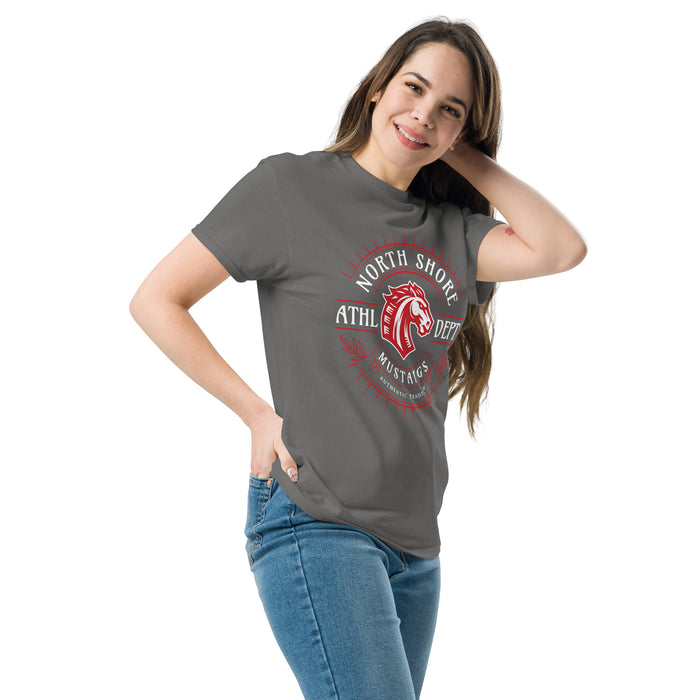 Woman wearing North Shore High School Mustangs Dark Grey Classic Unisex T-shirt 201