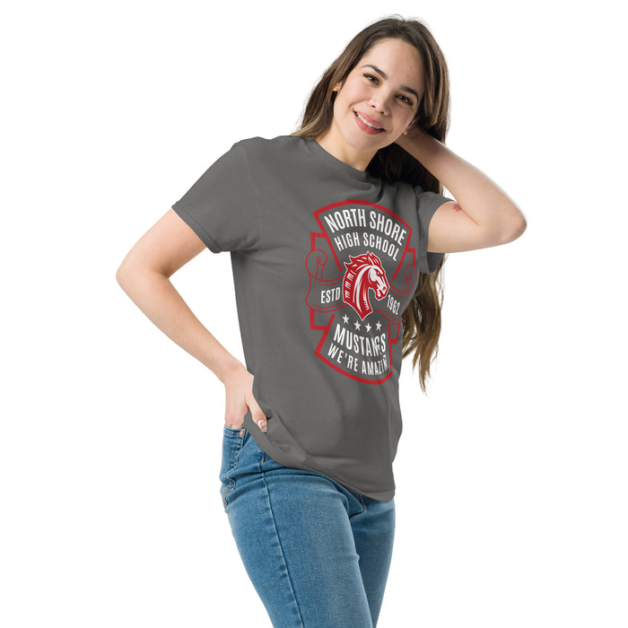 Woman wearing North Shore High School Mustangs Dark Grey Classic Unisex T-shirt 207