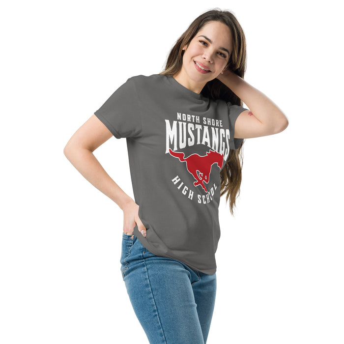 Woman wearing North Shore High School Mustangs Dark Grey Classic Unisex T-shirt 213