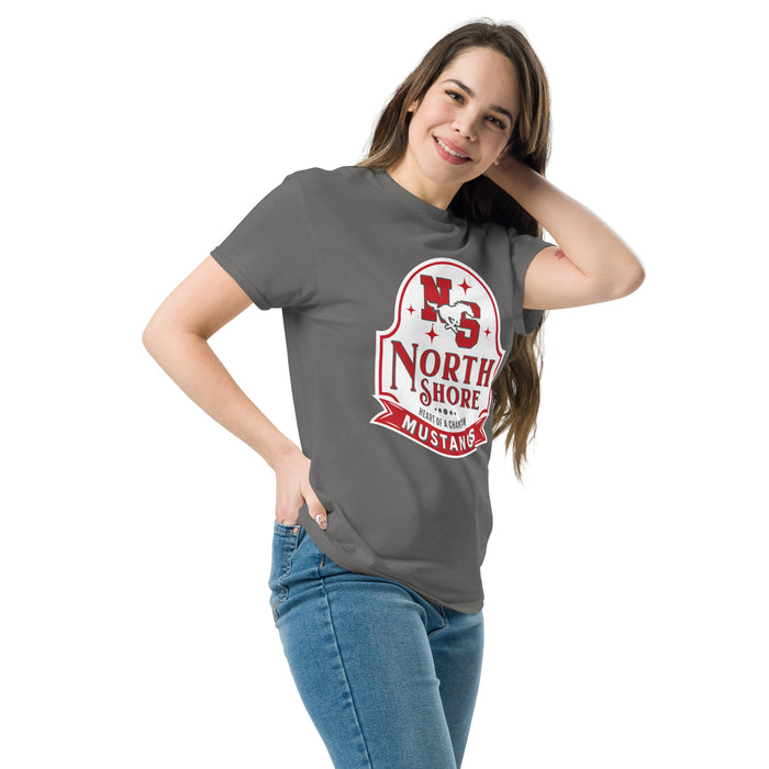 Woman wearing North Shore High School Mustangs Dark Grey Classic Unisex T-shirt 219