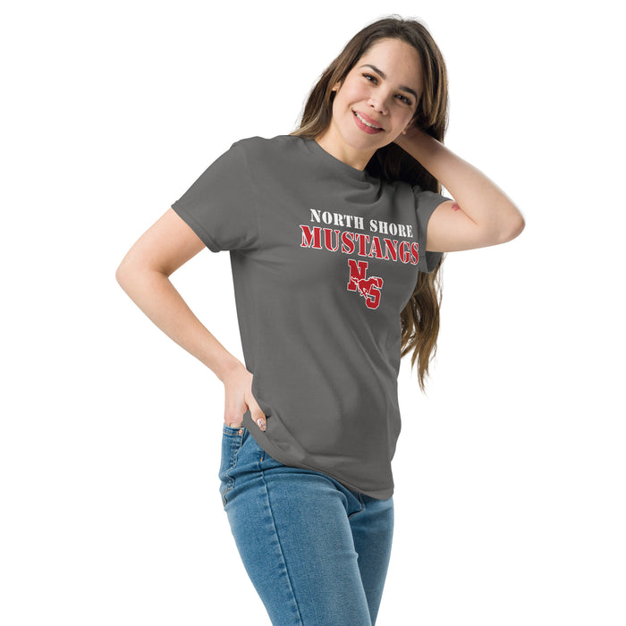 Woman wearing North Shore High School Mustangs Dark Grey Classic Unisex T-shirt 222