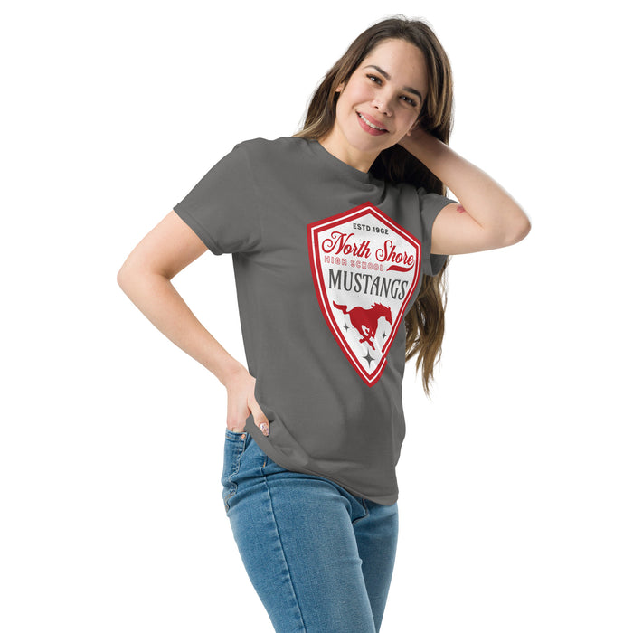 Woman wearing North Shore High School Mustangs Dark Grey Classic Unisex T-shirt 225