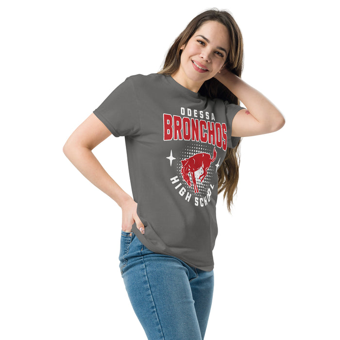 Woman wearing Odessa High School Bronchos Dark Grey Classic Unisex T-shirt 204