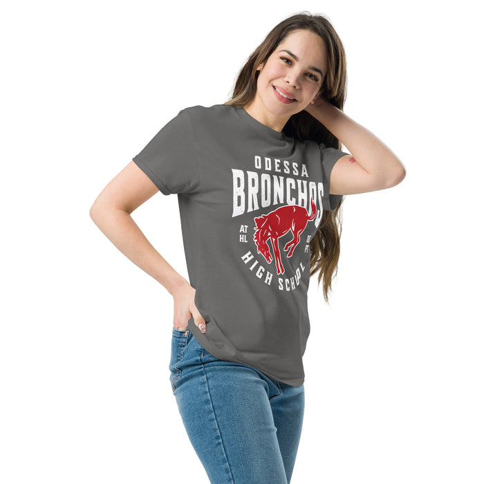 Woman wearing Odessa High School Bronchos Dark Grey Classic Unisex T-shirt 213