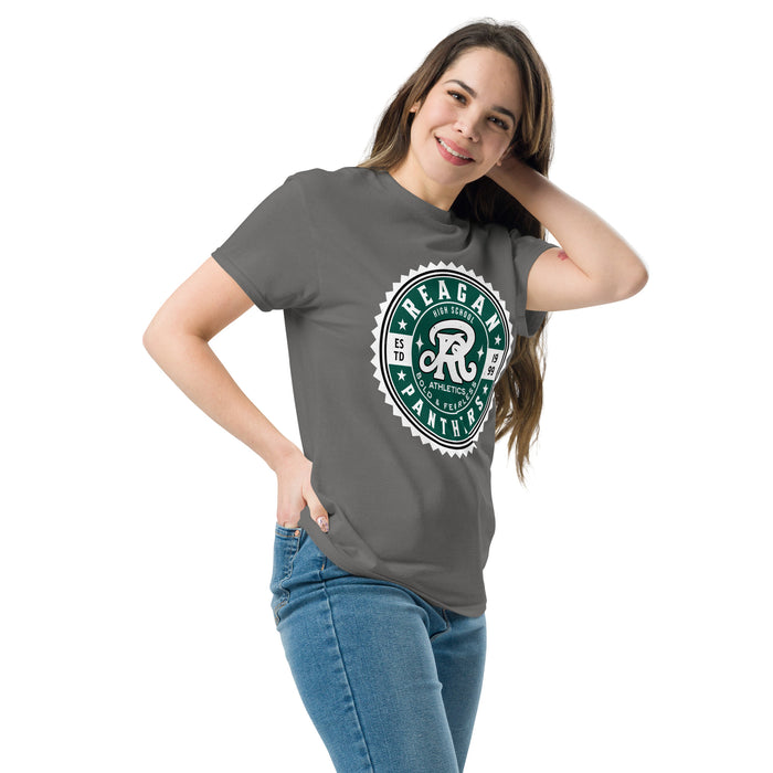 Woman wearing Reagan High School Rattlers Dark Grey Classic Unisex T-shirt 203