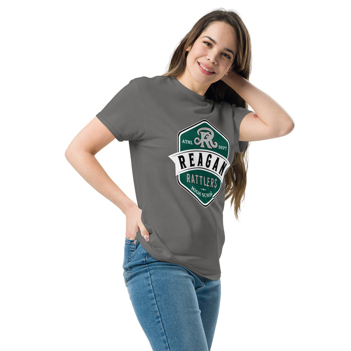 Woman wearing Reagan High School Rattlers Dark Grey Classic Unisex T-shirt 209