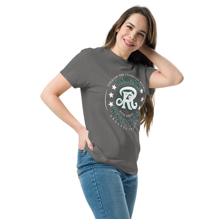 Woman wearing Reagan High School Rattlers Dark Grey Classic Unisex T-shirt 214