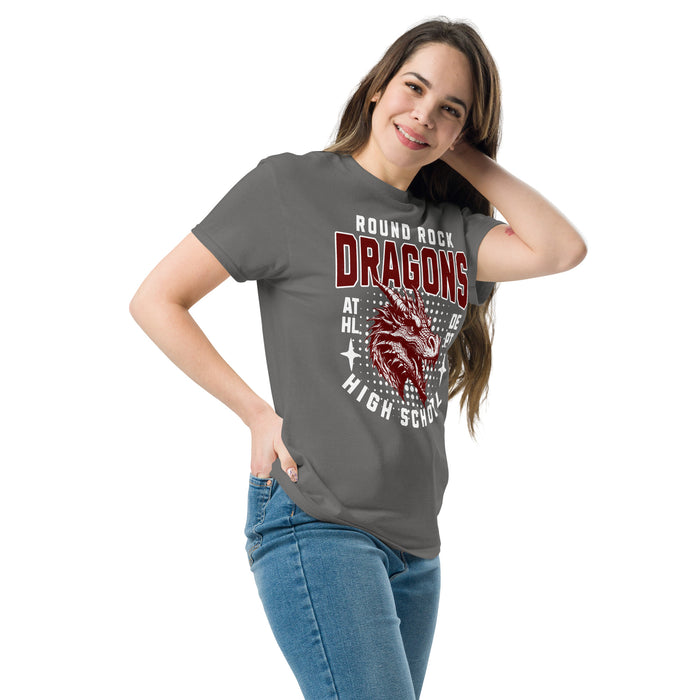 Woman wearing Round Rock High School Dragons Dark Grey Classic Unisex T-shirt 204