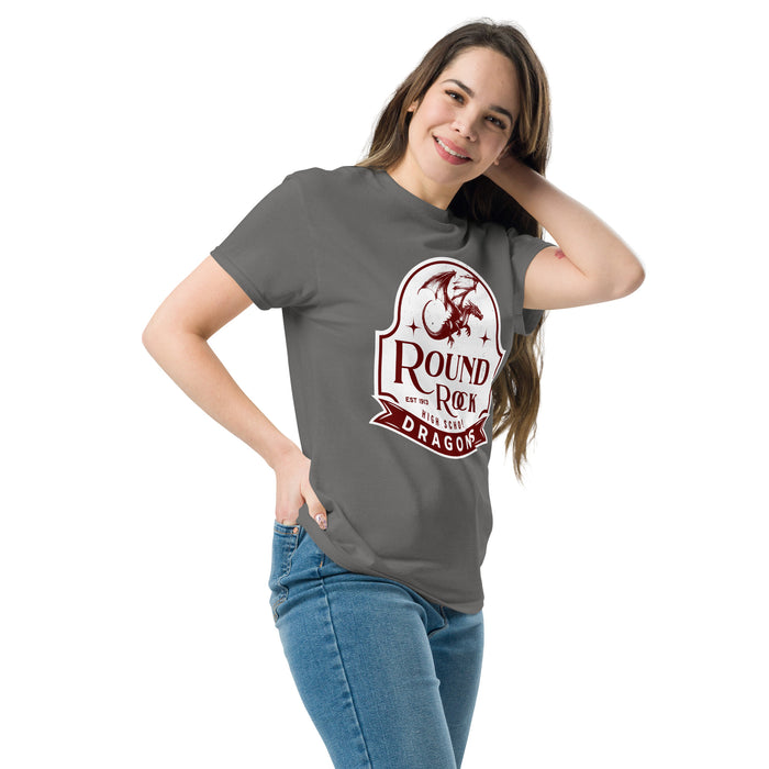 Woman wearing Round Rock High School Dragons Dark Grey Classic Unisex T-shirt 219