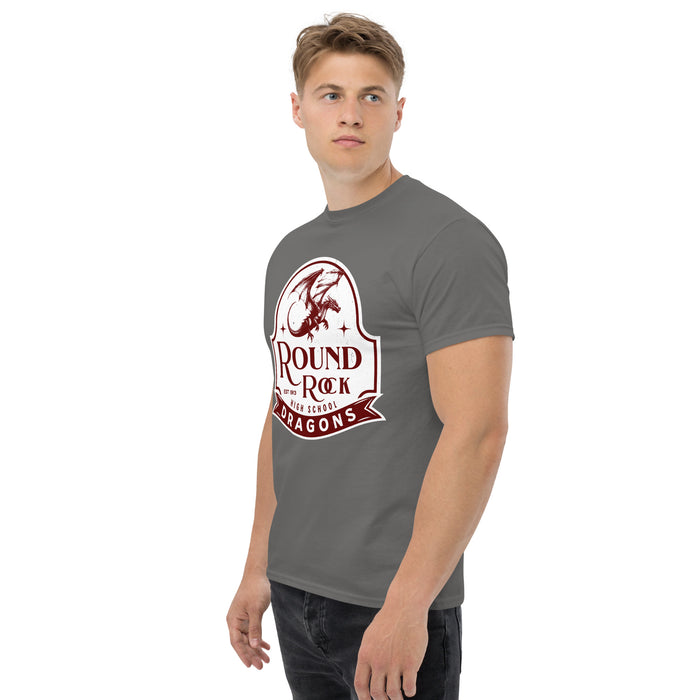 Side view of Round Rock High School Dragons Dark Grey Classic Unisex T-shirt 219