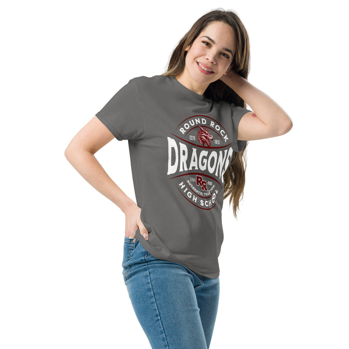 Woman wearing Round Rock High School Dragons Dark Grey Classic Unisex T-shirt 218