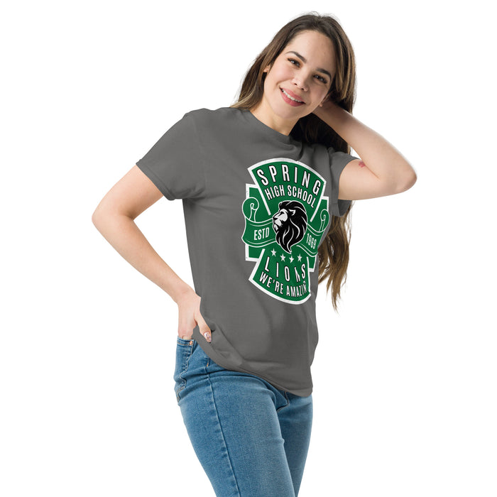 Woman wearing Spring High School Lions Dark Grey Classic Unisex T-shirt 207